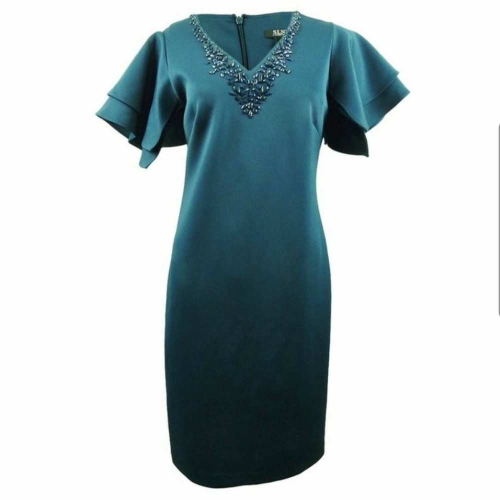 SL Fashions Women's Embellished Flutter-Sleeve Dress - Mid Teal